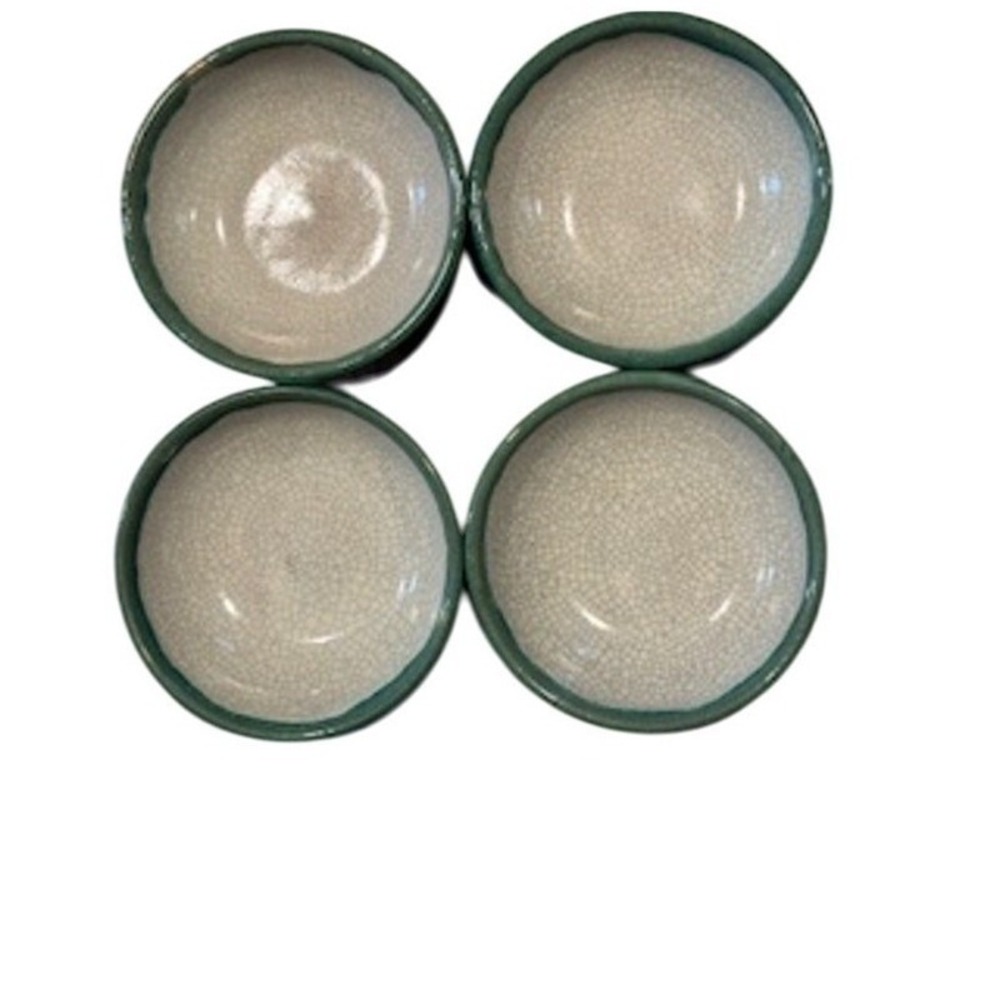 Vintage‎ Pier 1 Crackle Distressed Cereal Bowls Coupe Pottery Beige Green 6.75"
